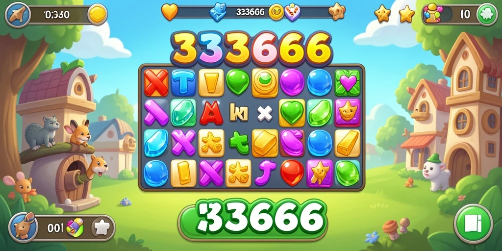 Screenshot utama 333666 yang menunjukkan gameplay Match-3 yang seru.
