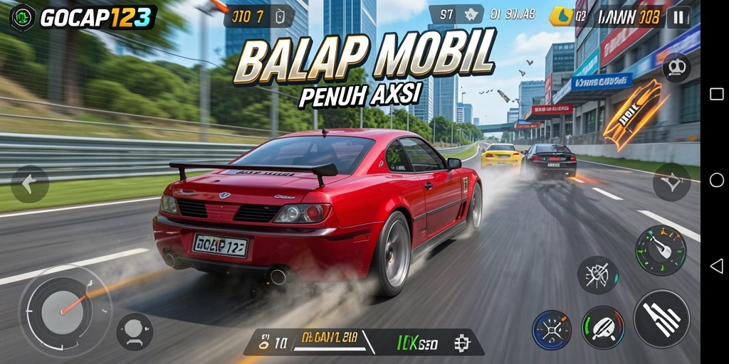 Screenshot GOCAP123 menampilkan aksi balapan mobil yang mendebarkan.