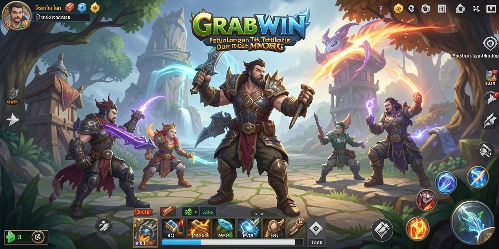 Tampilan gameplay seru di dunia fantasi GRABWIN yang menakjubkan.