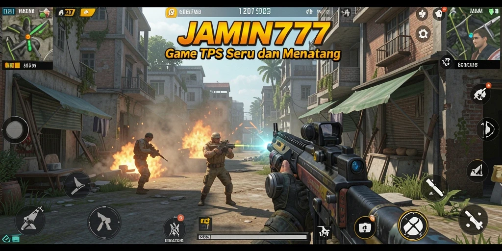 Tampilan screenshot utama JAMIN777 menampilkan aksi gameplay TPS yang intens.