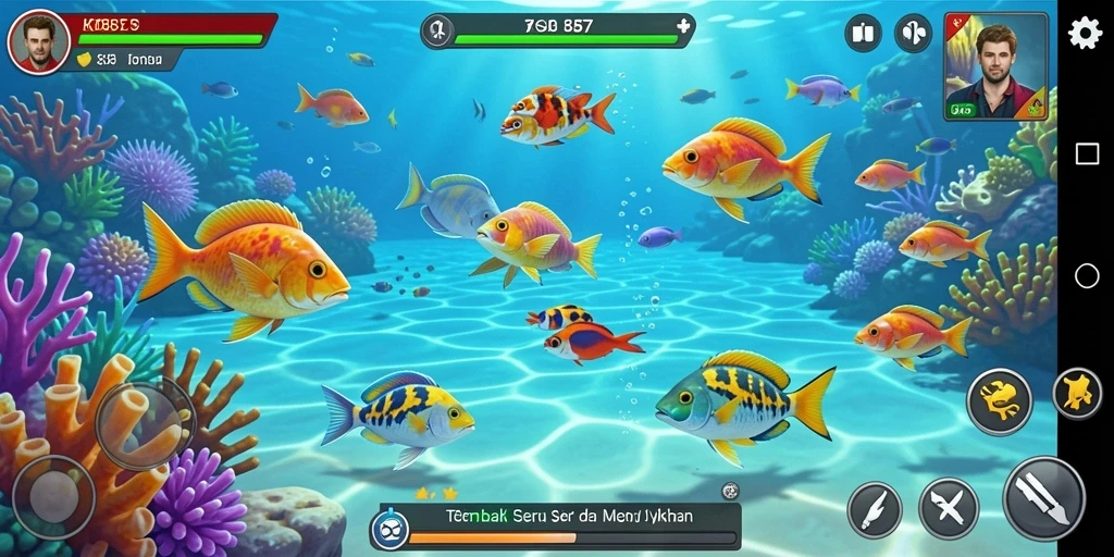 Screenshot menunjukkan gameplay seru dalam KO857 dengan aksi tembak ikan.