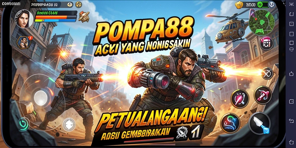 Ilustrasi tampilan gameplay seru dari POMPA88 dengan karakter heroik.