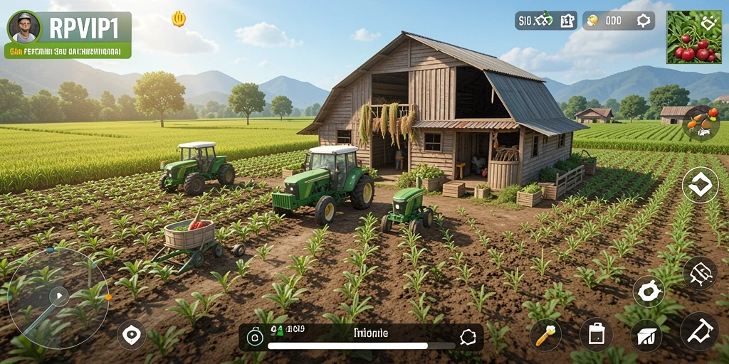 Screenshot gameplay RPVIP1 menampilkan kebun yang indah dan hijau.