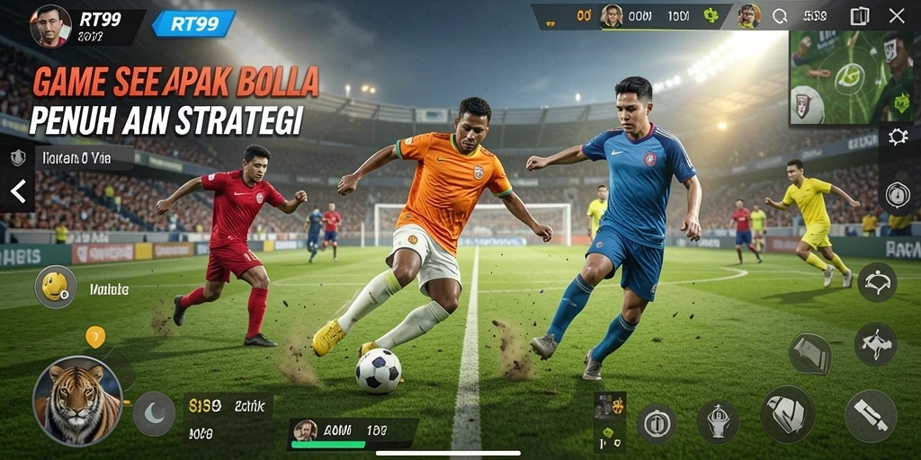 Screenshot gameplay RT99 yang menunjukkan aksi pertandingan sepak bola.