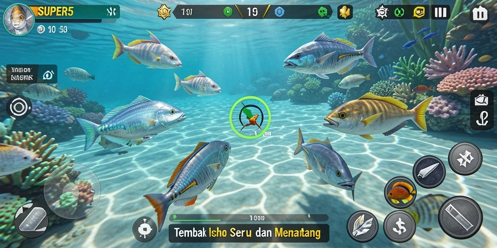 Tampilan seru gameplay SUPER5 saat menangkap ikan.